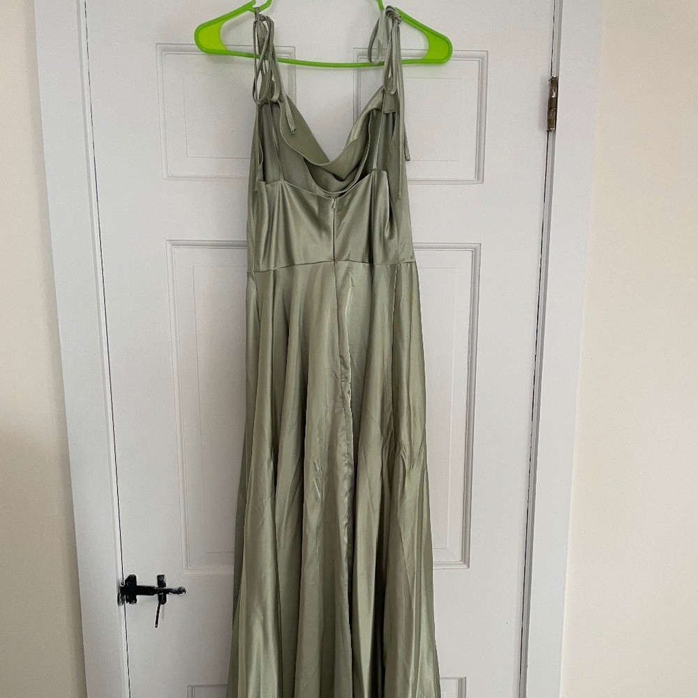 Green satin evening gown